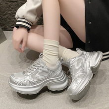 [银熠]骆驼女鞋2025春季透气老爹鞋厚底增高银色运动鞋女透气增高