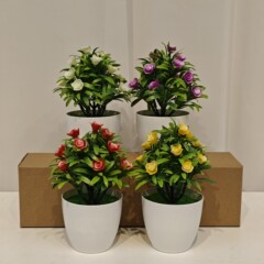 模擬緑の植物小さなバラの鉢植え小さな白いポットフラワーアレンジメントデスクトップ緑の葉のカラフルな花の装飾ハイエンド盆栽