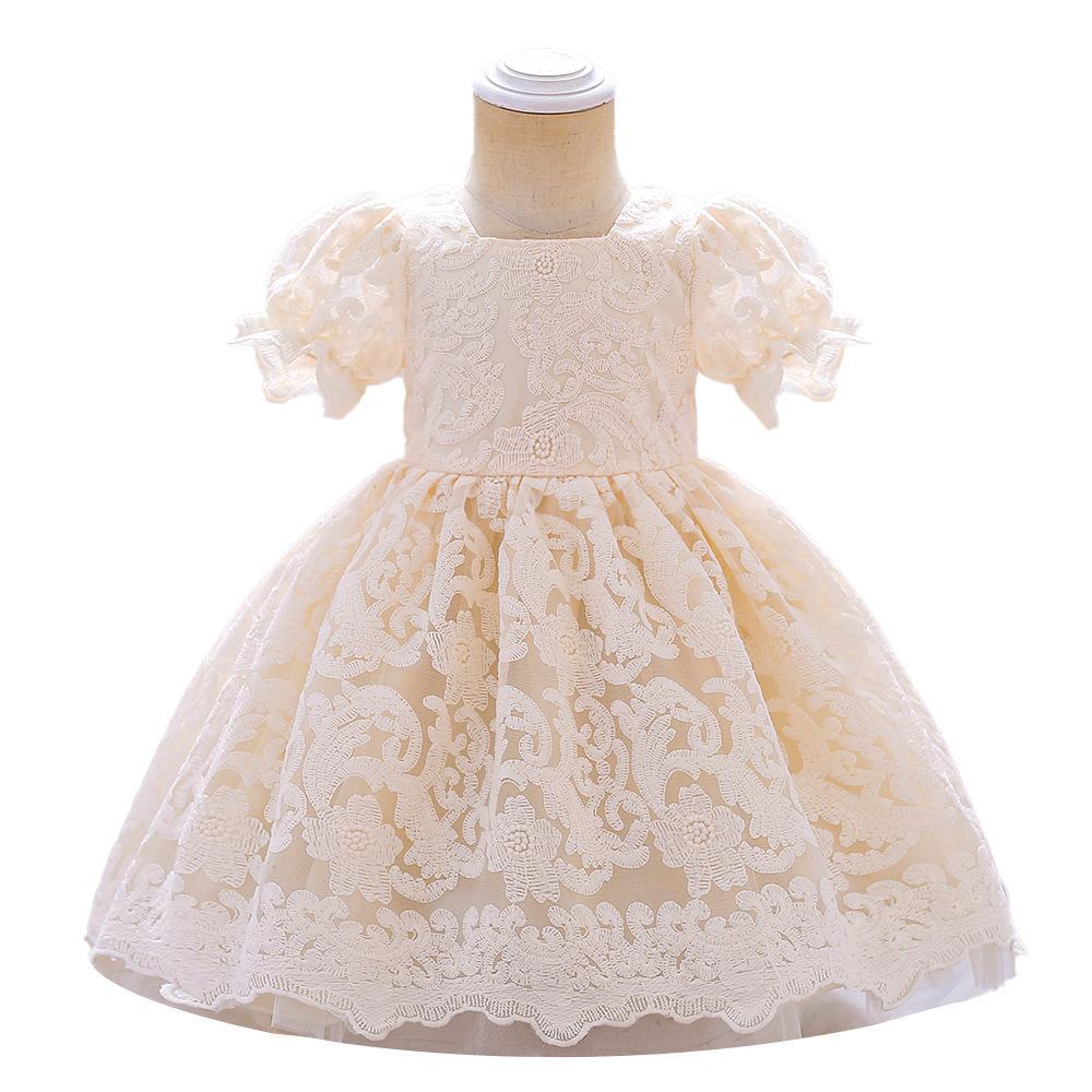 Vestido de un año vestido de niña de encaje de manga de soplo vestido de gasa mullida bebé de la boda vestido de niña de flores vestido de princesa