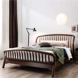 北欧黑胡桃木全实木床主卧人婚床现代简约卧室轻奢型新中式家具床