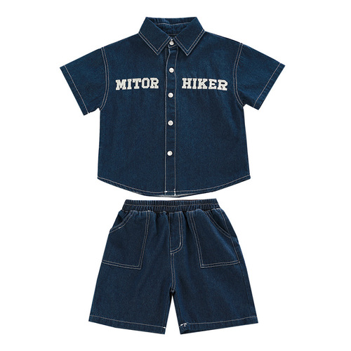 Boys' embroidered letter denim suit  summer clothing children's trendy brand handsome two-piece set foreign trade children's clothing for small and medium-sized children