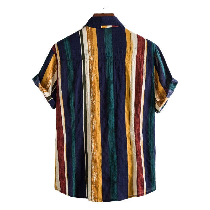 2021 El Comercio exterior desea la camisa a rayas de los hombres hawaianos Camisa europea y americana de los hombres a rayas camisa de manga corta impresa hombres