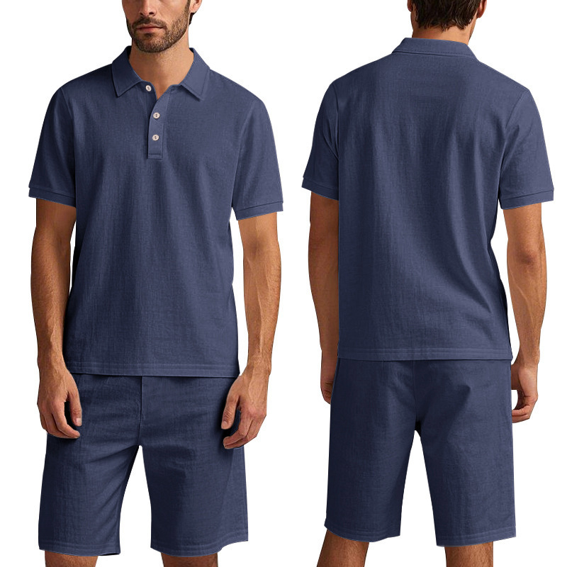 Transfronterizo Amazon americano verano hombre relajado lino transpirable polo camisa de playa manga corta pantalones cortos set