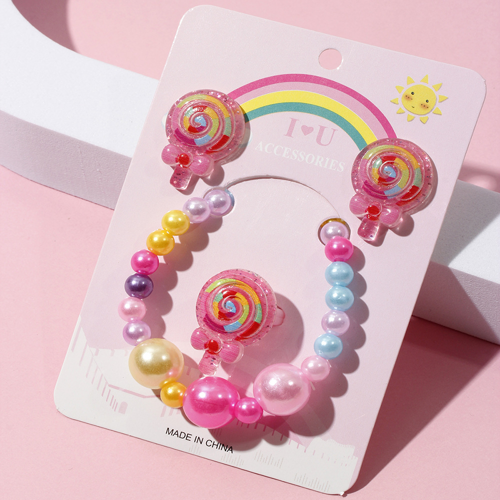 Cute Candy Plastic Beaded Girl's Rings Bracelets Earrings 1 Set display picture 1