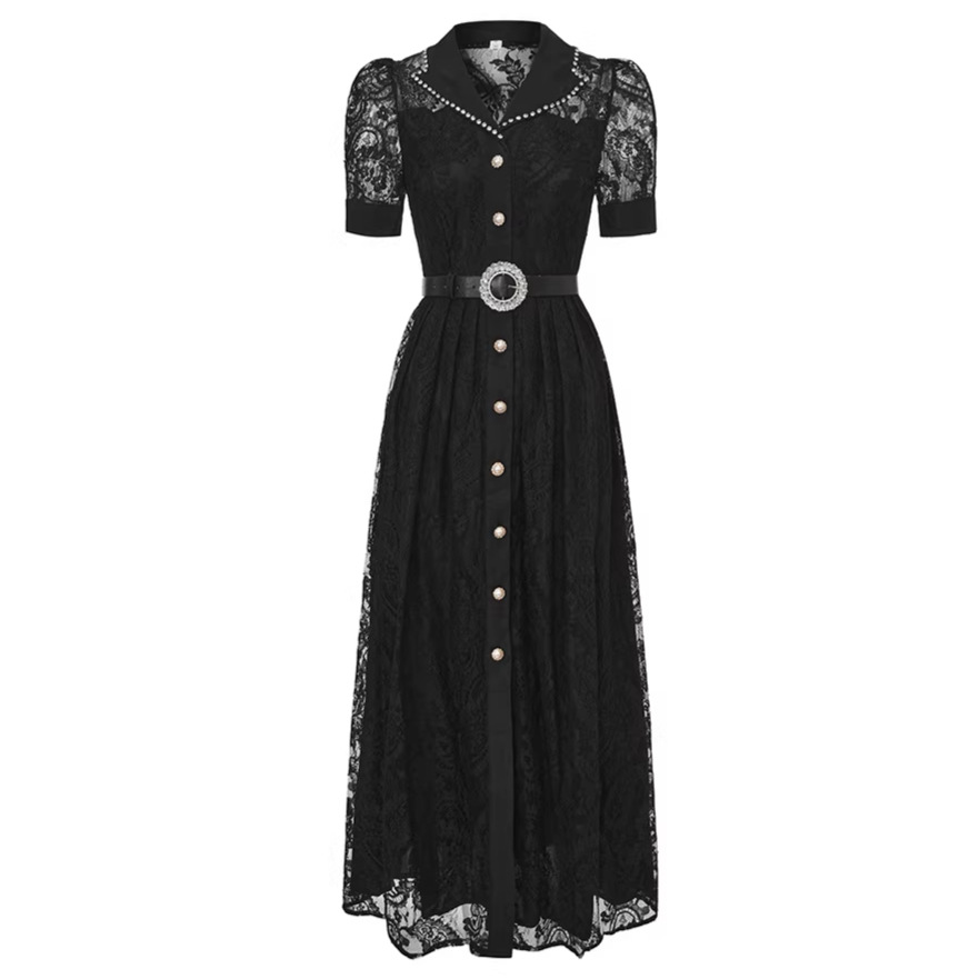 Elegance Lace Dress – Blazer Collar A-Line Maxi Dress With Pearl Buttons & Waist Tie (White/Black, S-Xxl, Office & Wedding Guest Outfit)_voghion.com