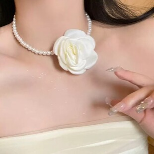 French Gentle Satin Camellia Pearl Necklace Retro Holiday Style Sweet Flower Choker Personalized Temperament Necklace