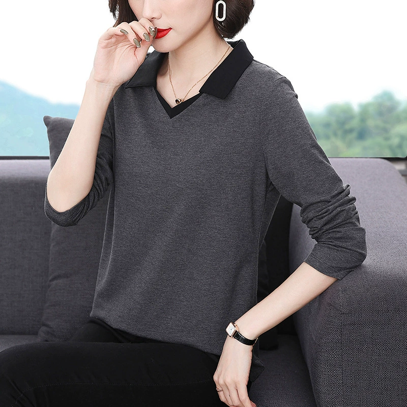 Новая футболка POLO для мам среднего возраста с лацканами и длинными рукавами из чистого хлопка, верхняя одежда, весенняя одежда, однотонная Повседневная Нижняя рубашка
