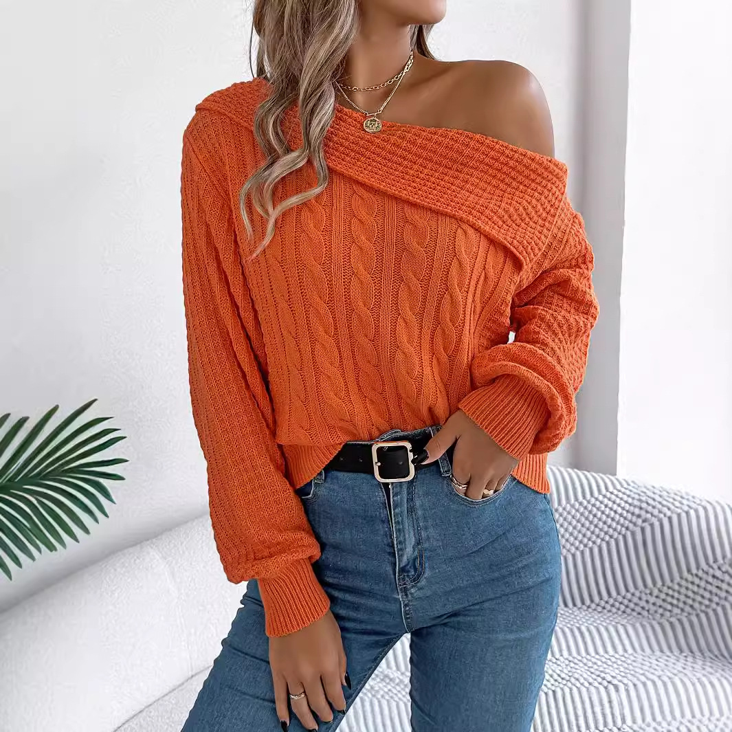 Women's Clothing casual sexy lapel off shoulder twist long sleeved pullover sweater _voghion.com