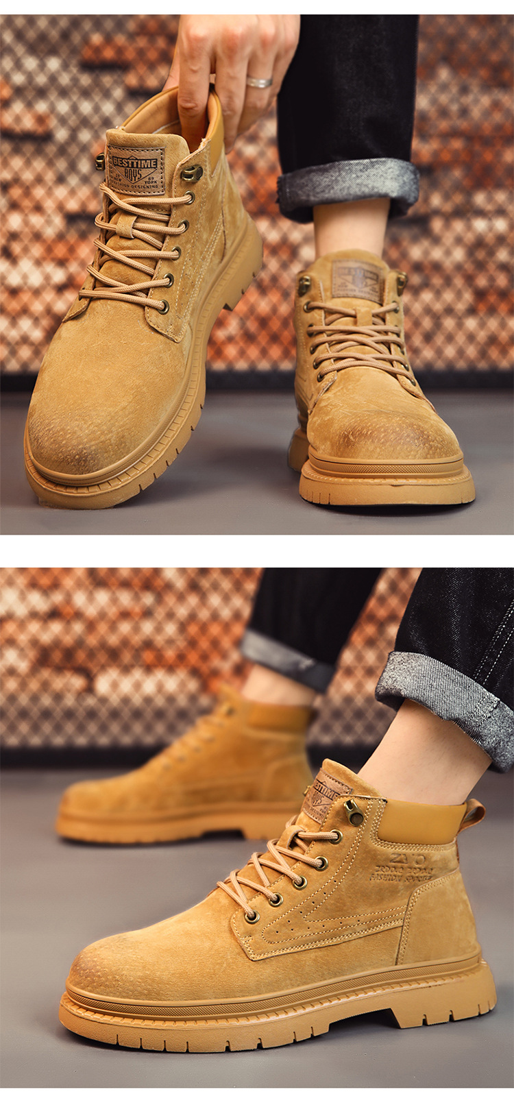 Primavera estate inverno grandi stivali bassi in stile britannico scarpe da lavoro da uomo stivali gialli grandi retrò_voghion.com