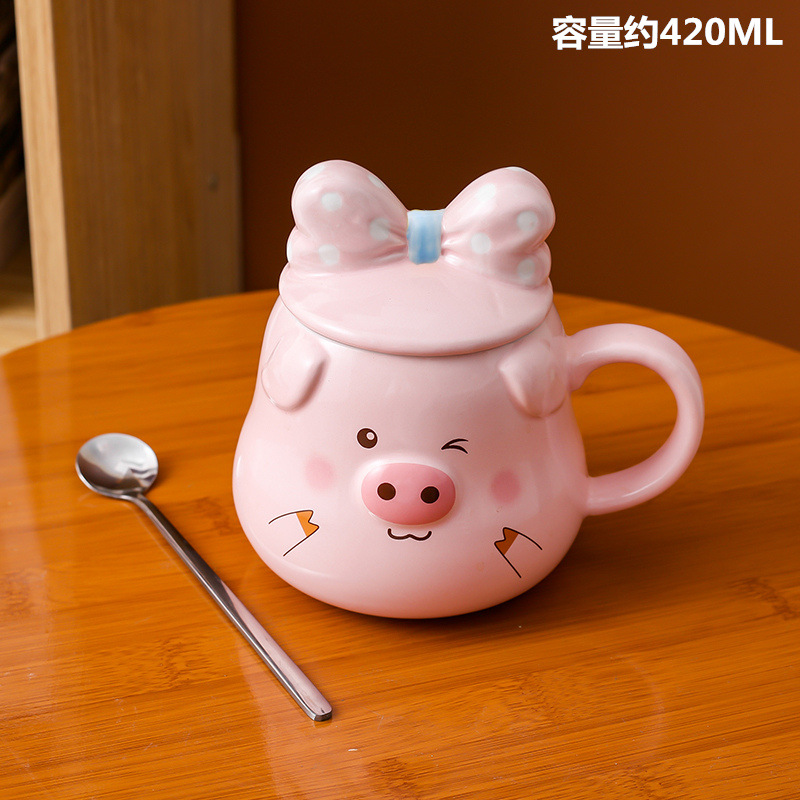 Taza de cerámica creativa lindo cerdo Rosa niña Corazón de dibujos animados taza con tapa cuchara taza de agua taza de café taza de desayuno