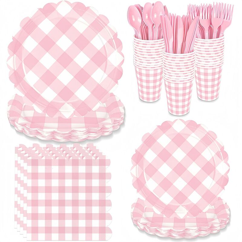 Pink Plaid Disposable Tableware Set Party Picnic Paper Plates Paper Cups Paper Towels Knife Fork Spoon Set Cross-Border Wholesale Pink Plaid Disposable Tableware Set Party Picnic Paper Plates Paper Cups Paper Towels Knife Fork Spoon Set Cross-Border Wholesale