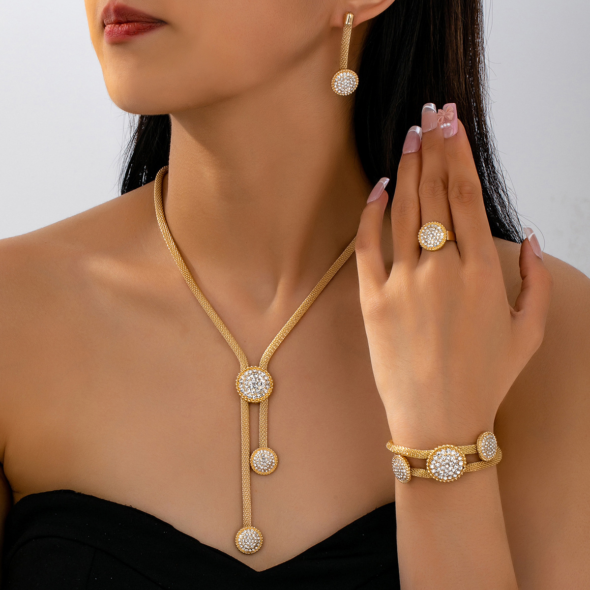 New Independently Developed Cross-Border European and American Trendy Round Mesh Chain Handmade Zircon-Inlaid Round Pendant