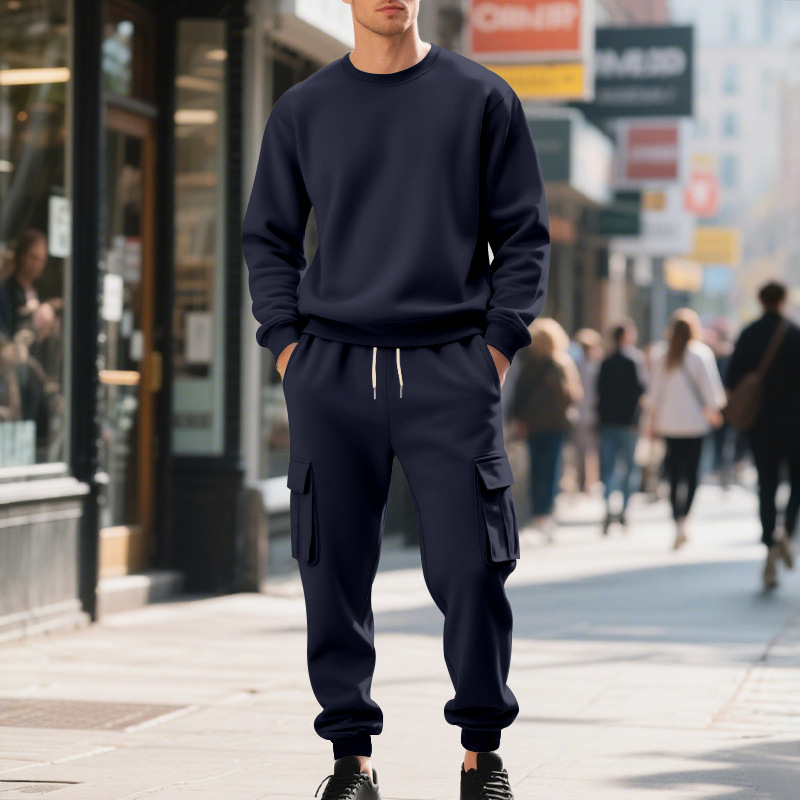 Europe, America, Autumn And Winter Heavy Velvet Men's Loose Casual Sports Tooling Round Neck Solid Color Sweater Trousers Set_viptrois.com
