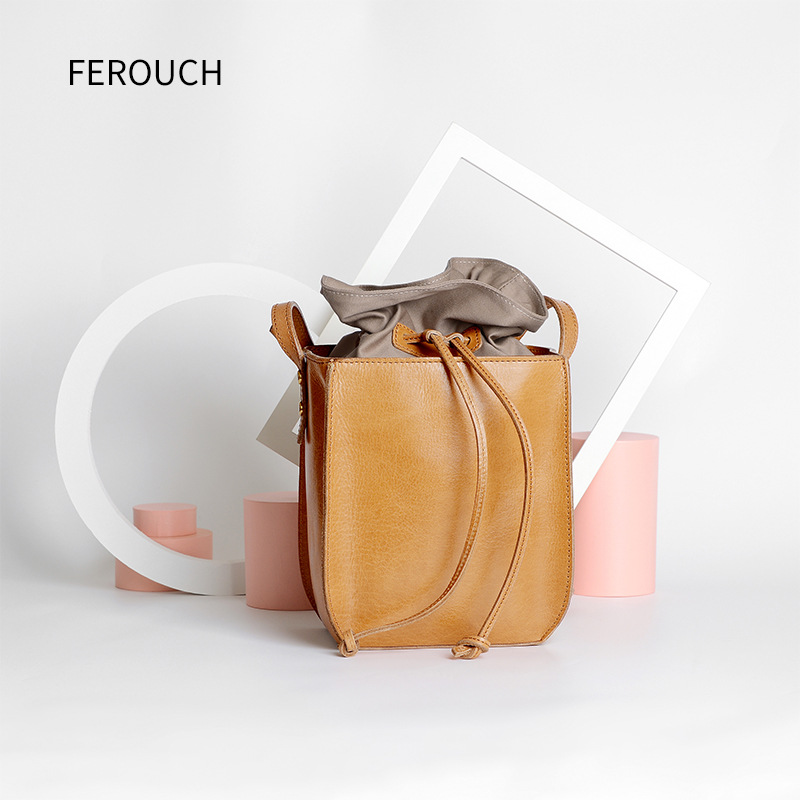 真皮女包手提包单肩包头层植鞣皮斜挎包复古水桶包子母包女7022|ru