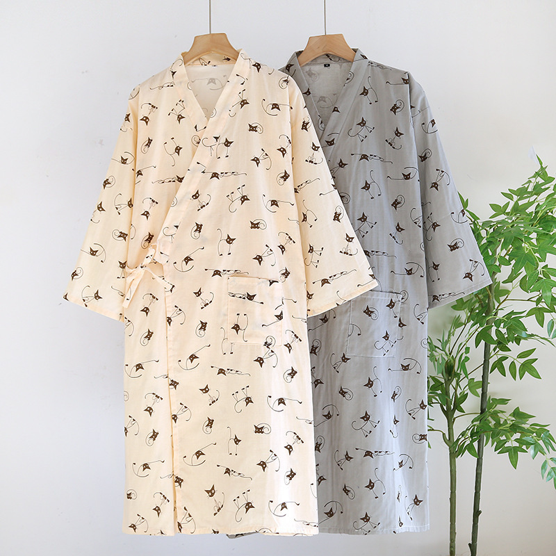 Japanese-style Spring and Summer Thin Pure Cotton Double-layer Gauze Bathrobe Men's and Women's Pure Cotton Couples Kimono Nightgown Bathrobe Quick-drying Hanfu