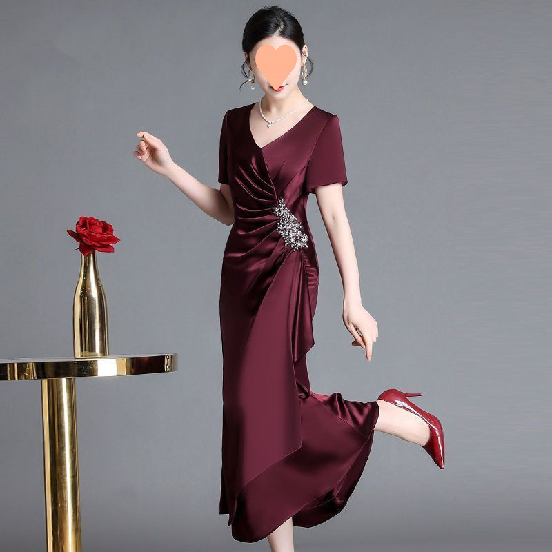 时尚高端喜婆婆婚宴礼服裙晚礼服夏季新款纯色重工镶钻长款连衣裙|undefined