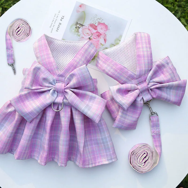 Клетчатая юбка для собак и кошек, одежда на поводке в стиле жилета для Тедди и Бишона, уличная одежда, поводок для выгула собак.