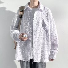 年春新款磨毛长袖格子衬衫男港风衬衣外套设计感上衣