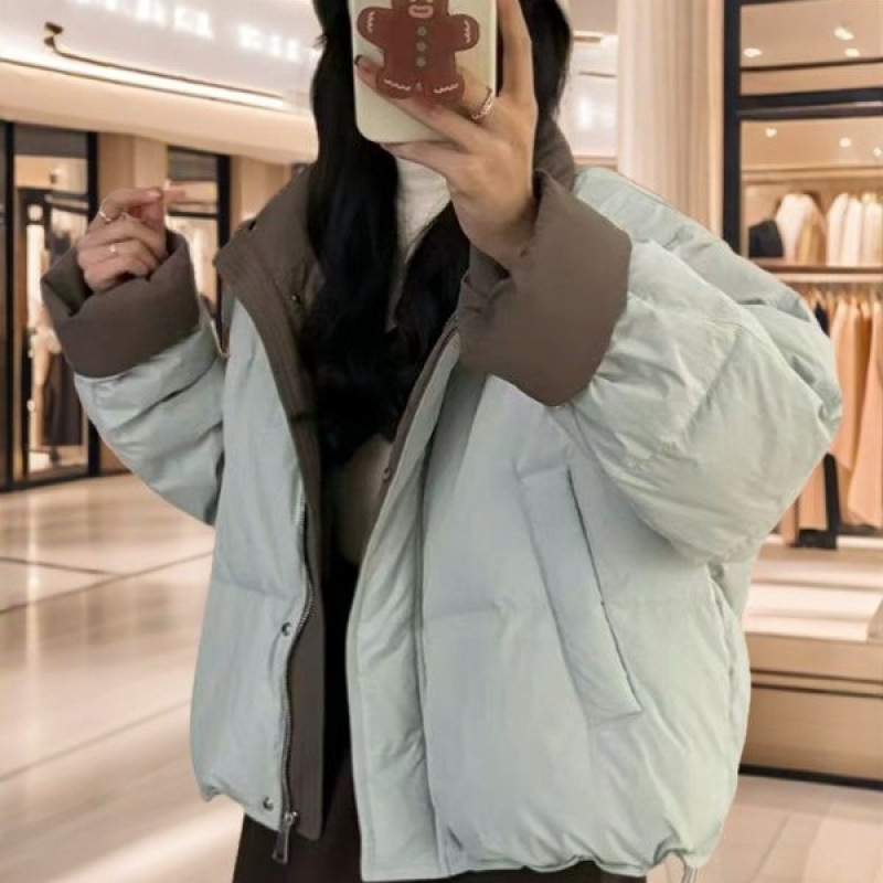 欧货2025冬季新款撞色立领羽绒服女短款宽松加厚保暖小个子外套