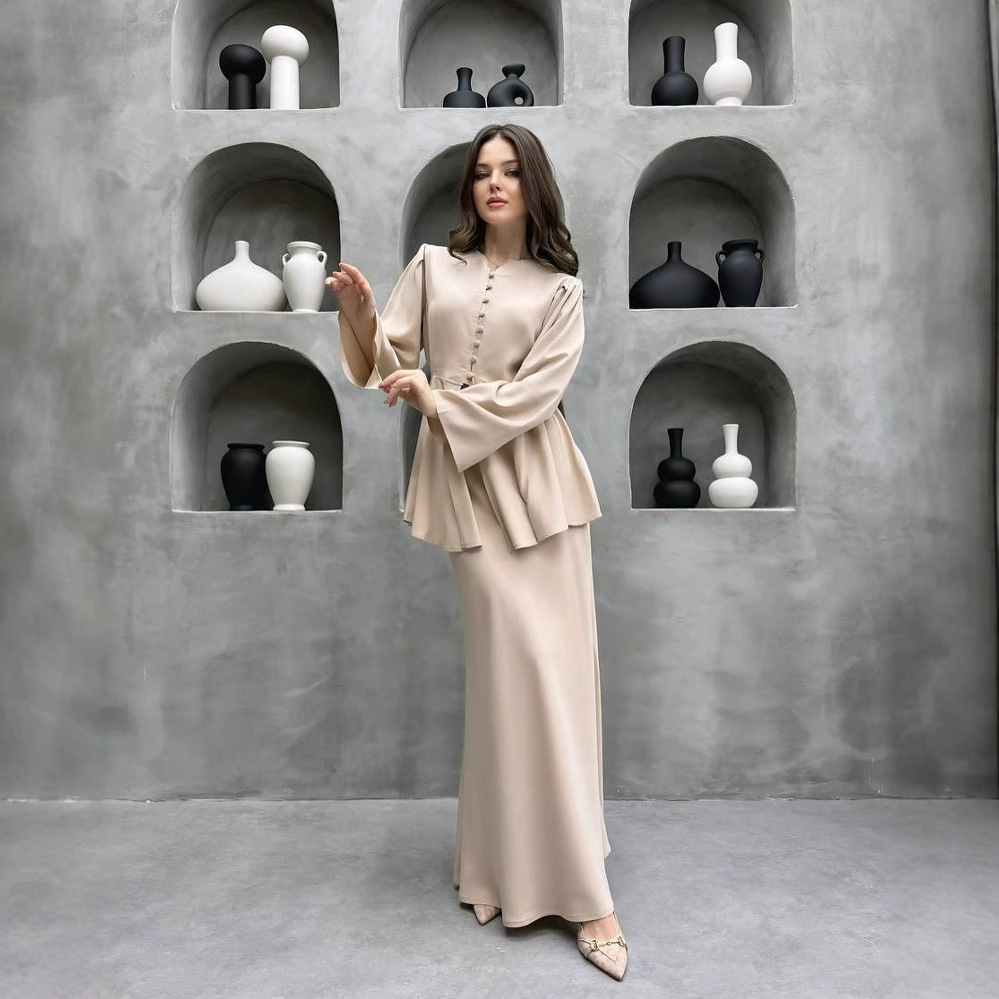 Cross-Border Ready-Made Women's Clothing 2025 Autumn New Elegant Cardigan Top Solid Color Socialite Dress Two-Piece Set