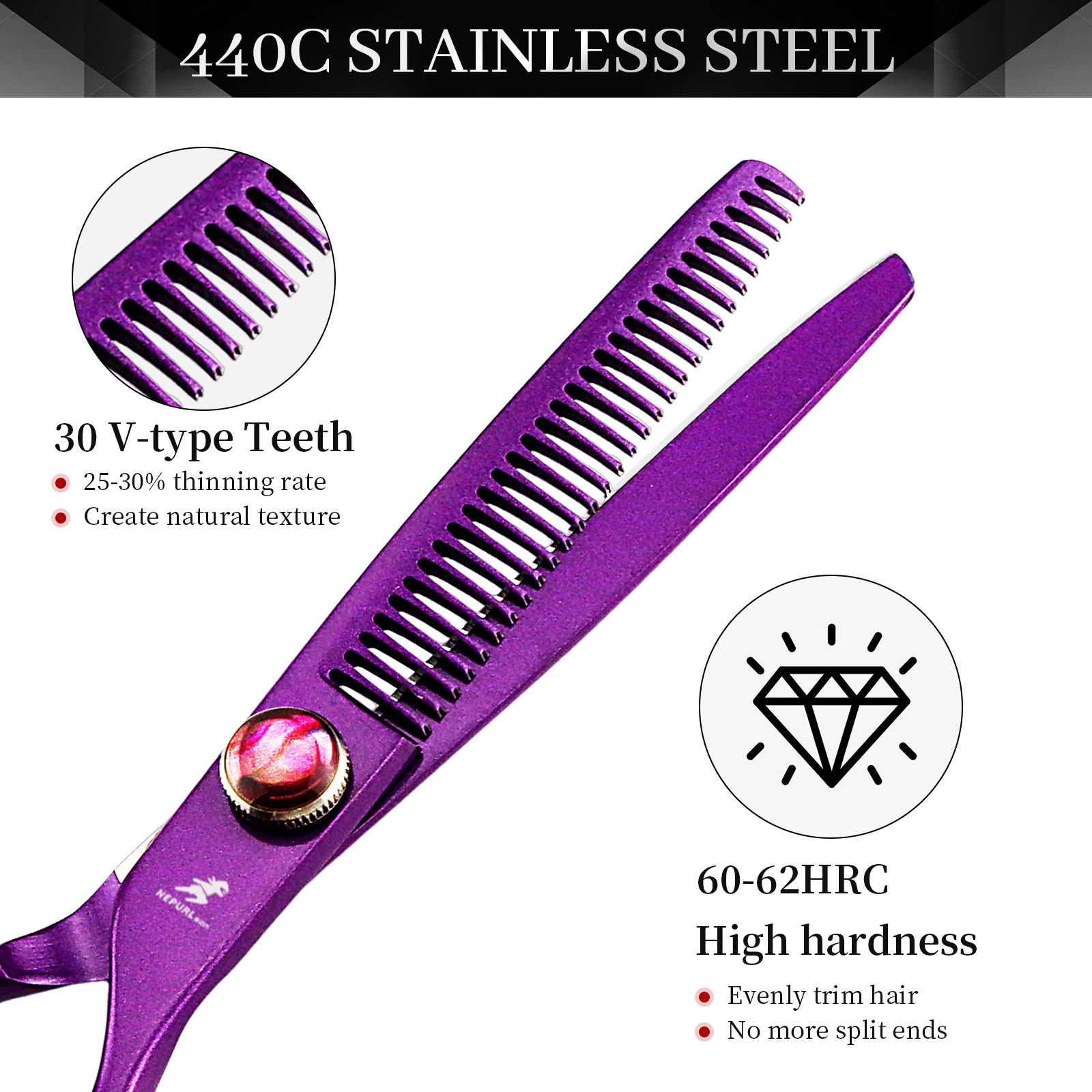 Forbici dentali piatte Napson da 6 pollici con manico girevole a 360 gradi, colore viola._voghion.com