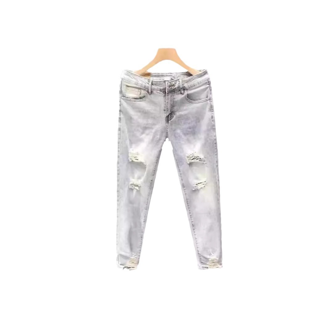 Jeans versatili estivi da uomo, taglio sottile, colore giallo fango, buco strappato, pantaloni a gamba dritta aderenti, alla moda da strada_voghion.com