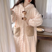 珊瑚绒睡衣女秋冬款加绒加厚法兰绒网红中长款连帽睡袍浴袍家居服