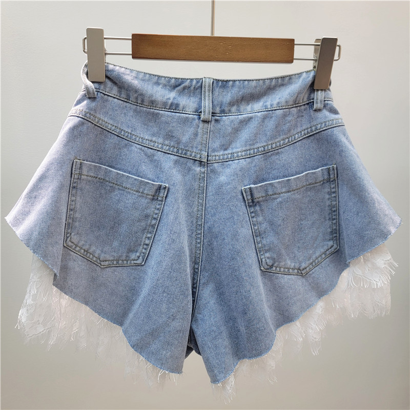 Pantalones Cortos Jeans de Pierna Ancha para Mujer de Denim, Cintura Media, Con Encaje y Lavado