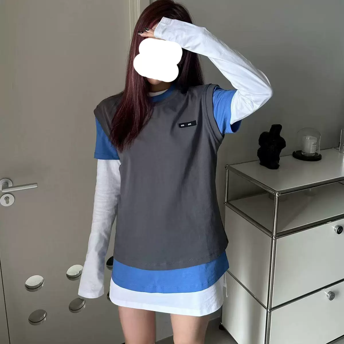 MM2024早秋简约显瘦徽标色叠穿T恤女提花字母三件套潮长袖打底衫