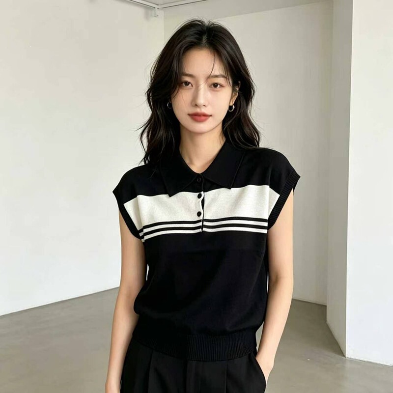 New Loose Fit Plus-Size Color-Block Striped Polo Collar Ice Silk Knit Top for Women, Summer Slimming Versatile Fashionable T-Shirt New Loose Fit Plus-Size Color-Block Striped Polo Collar Ice Silk Knit Top for Women, Summer Slimming Versatile Fashionable T-Shirt