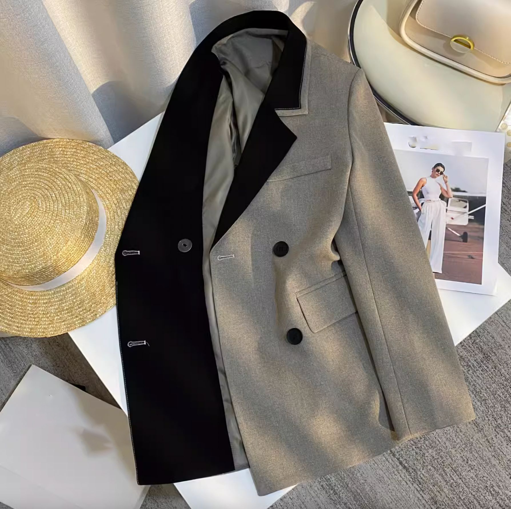 Women's Clothing 2024 autumn new style patchwork design black and gray contrast suit jacket women's patchwork trendy all match casual tops_voghion.com