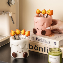 创意蜡烛果叉罐高温手绘釉下彩可爱小脚丫陶瓷水果叉收纳套装批发