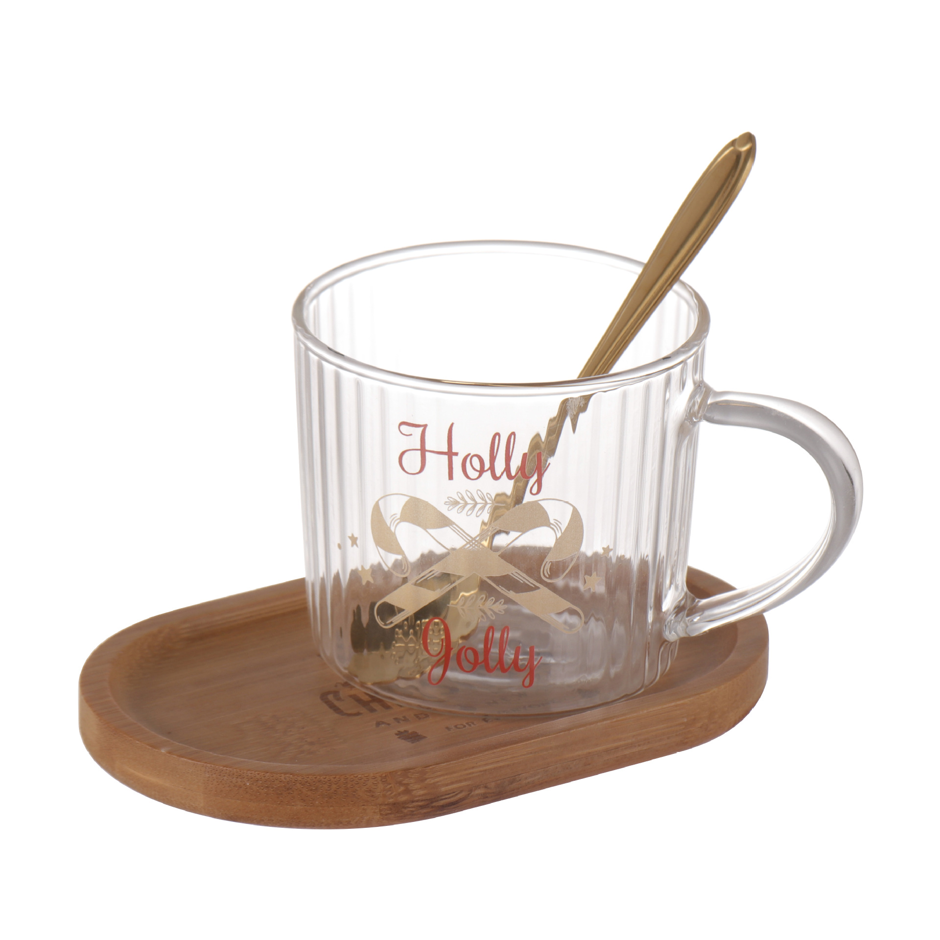 Tazas de vidrio personales creativas, plato de té de la tarde, taza de café inglesa de Navidad, taza de agua con cucharas de madera