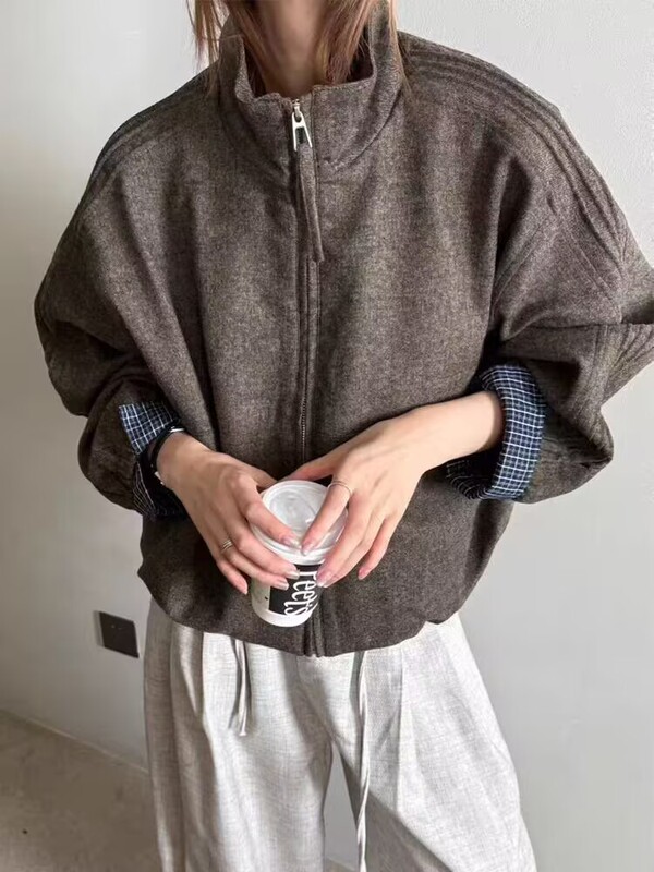高端撞色格子袖口立领百搭宽松显瘦毛呢夹克女外套2025秋季新款潮|undefined