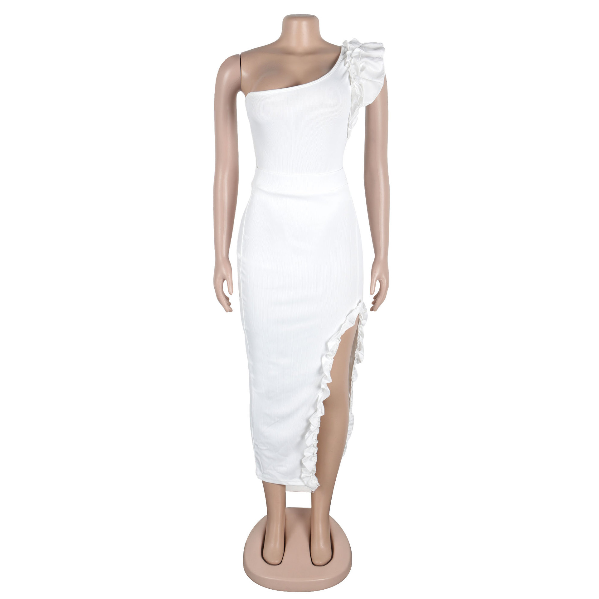362g Weight Sleeveless Sleeve Length Polyester Fabric Type Skirt Co-ord Set Sets Type 2 Pieces Set Quantity Holiday Occasion One Shoulder Neckline Slim Fit Type Solid Color Pattern Summer Season Women's Gender Frill Design Elegant Style Holiday Women's Elegant Solid Color Polyester Frill Skirt Co-ord Set Skirt Sets 50