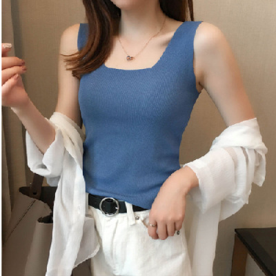 Women's Slim-Fit Sexy Sleeveless Square-Neck Knit Camisole for Outerwear, Korean/Japanese Casual Style Women's Slim-Fit Sexy Sleeveless Square-Neck Knit Camisole for Outerwear, Korean/Japanese Casual Style