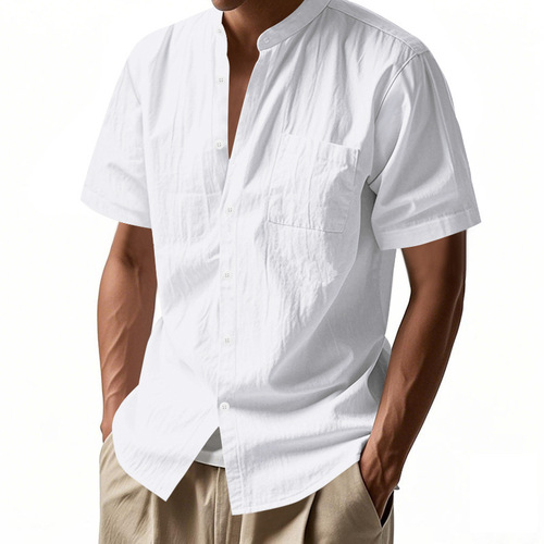 25 Amazon Cross-border European and American Style Men's Summer Loose Linen Cardigan Solid Color Casual Stand Collar Beach Short-sleeved Shirt