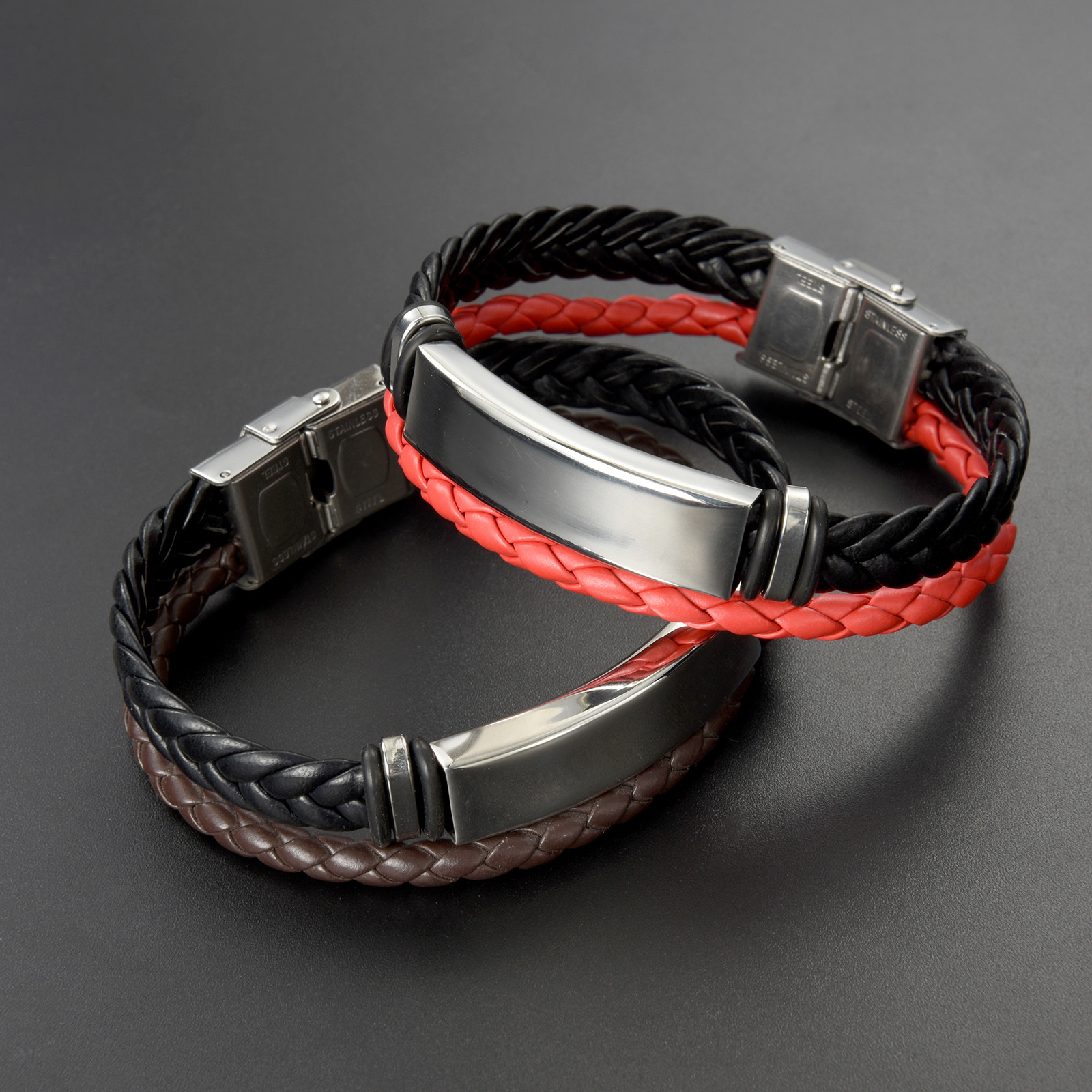 European and American Foreign trade fashion men's vintage titanium steel bracelet glossy lettering multi-layer leather woven stainless steel rope bracelet