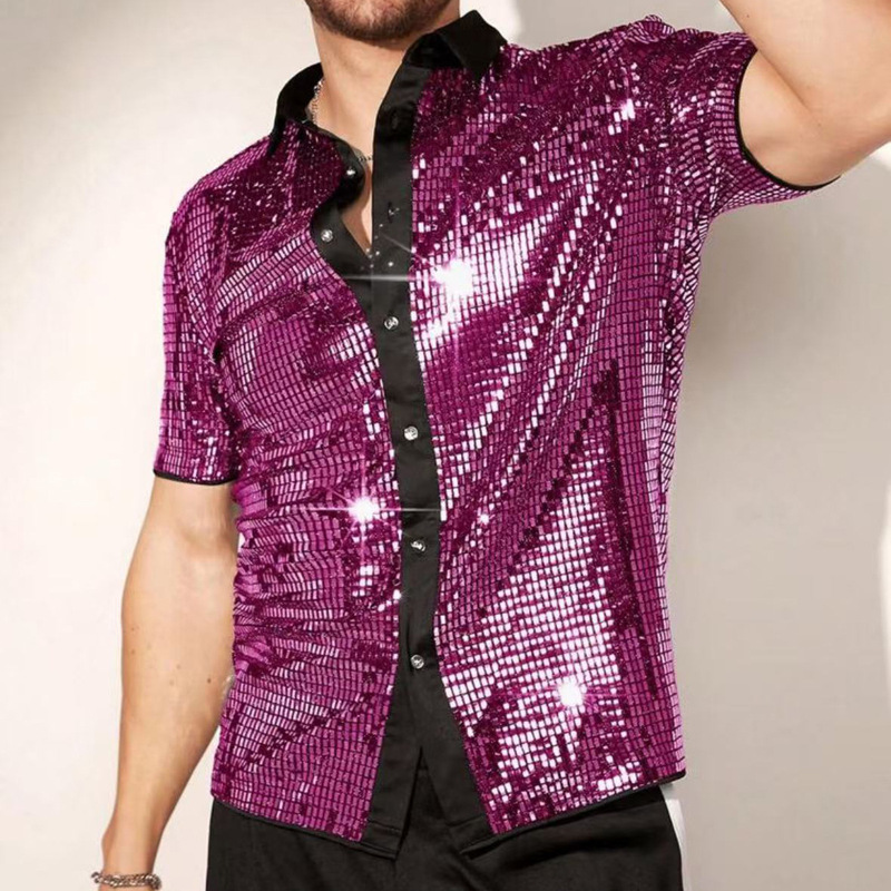 Cross-Border Summer New Style Trendy Breathable Sequin Short-Sleeved Shirt Amazon Hot Seller Collar Color Matching Men's Clothing Cross-Border Summer New Style Trendy Breathable Sequin Short-Sleeved Shirt Amazon Hot Seller Collar Color Matching Men's Clothing