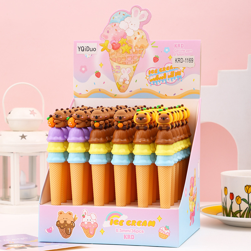 新しいソフトプラスチックカピバラアイスクリームゲルペンかわいい形のギフトペン黒署名ペン学生文具|undefined