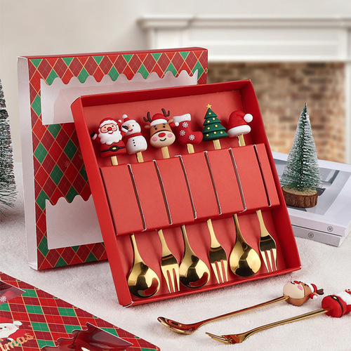Christmas tableware set cartoon cute coffee spoon creative Santa Claus dessert spoon fruit fork gift box