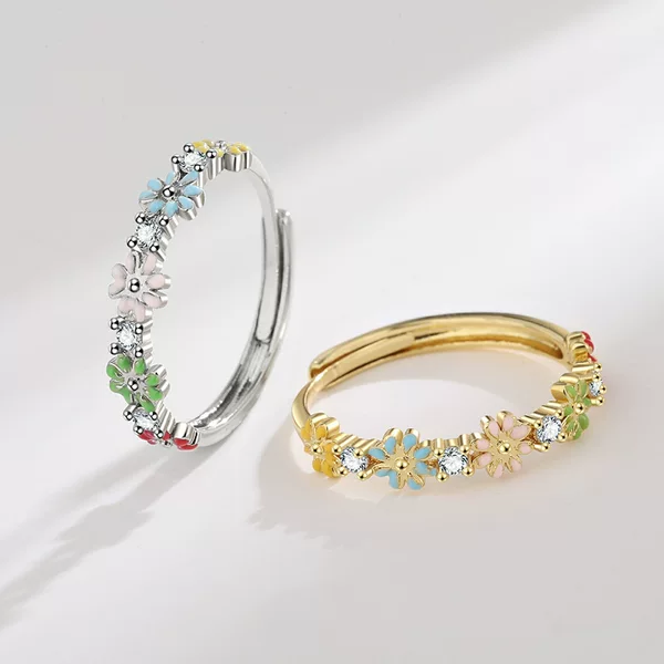 Cross-border new color zircon ring non-fading sweet cute all-match flower ring adjustable jewelry wholesale