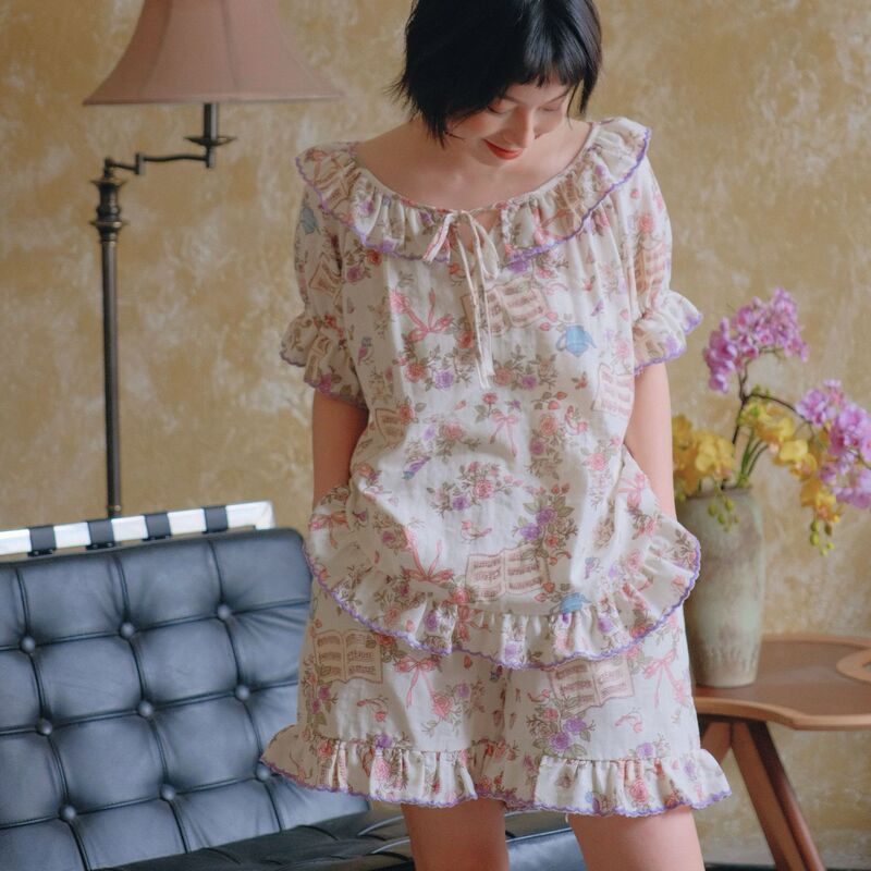 French Style Pastoral Lotus Leaf Lace Summer Pure Cotton Pajamas Women's Short-sleeved Shorts Home Wear Thin Loose Outer Wear