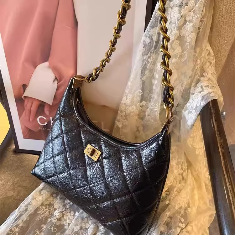 Túi tote nữ da thật kiểu tweed đeo chéo dây xích chần bông — Màu đen, Đỏ Ancora, Cà phê Mocha, Màu nâu