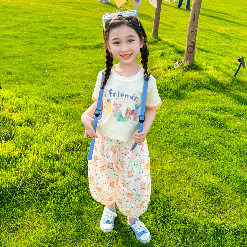 女童夏季套裝女孩網紅洋氣休閒兩件套寶寶卡通短袖防蚊褲兒童夏