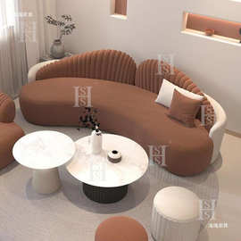 双人沙发组合弧形沙发全套半圆形客厅简约轻奢茶几美式家居