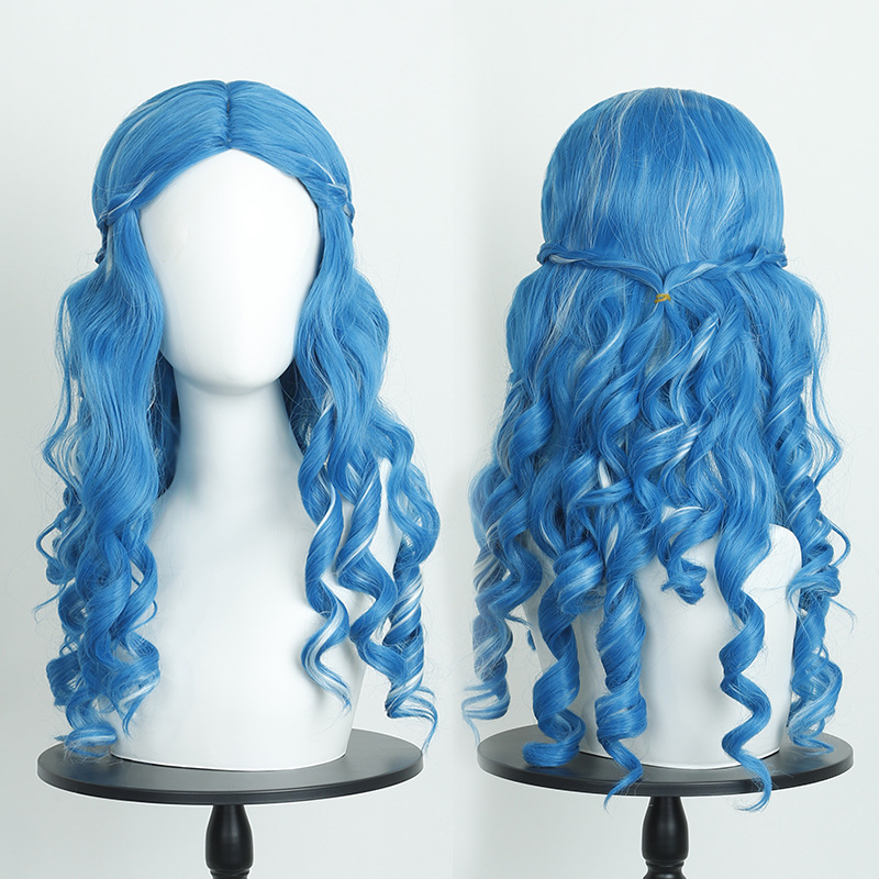 Zombie High School Blue Long Curly Hair Anime Wig, White Queen Alice Cosplay Wig, Blue and White Gradient Long Curly Hair Zombie High School Blue Long Curly Hair Anime Wig, White Queen Alice Cosplay Wig, Blue and White Gradient Long Curly Hair