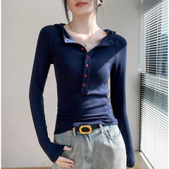 2025新款秋季洋气连帽上衣早秋长袖T恤小衫修身显瘦打底衫女春秋