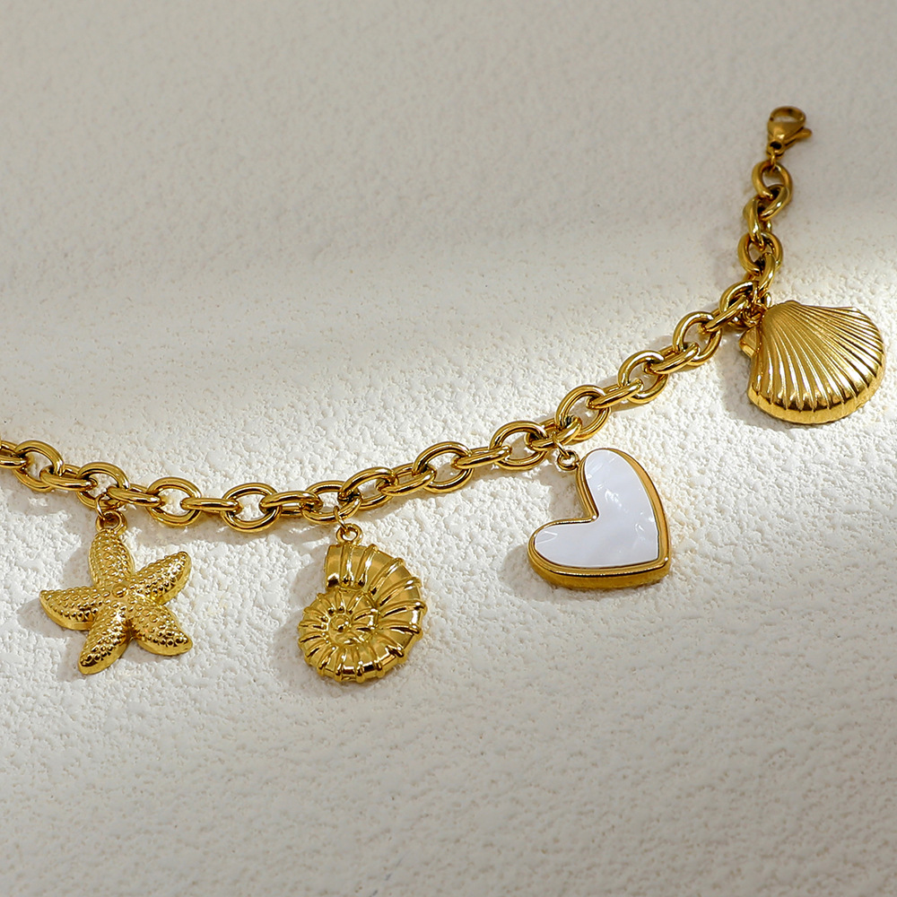 Holiday, Travel, Beach Occasion 304 Stainless Steel Material PVD Coated Real Gold Plated Starfish Conch Heart Shape 304 Stainless Steel Marine Style IG Waterproof Non Tarnish Bracelets