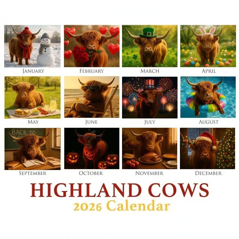 跨境亚马逊创意新2026 Highland Cow Wall Calendar高地奶牛挂历|undefined